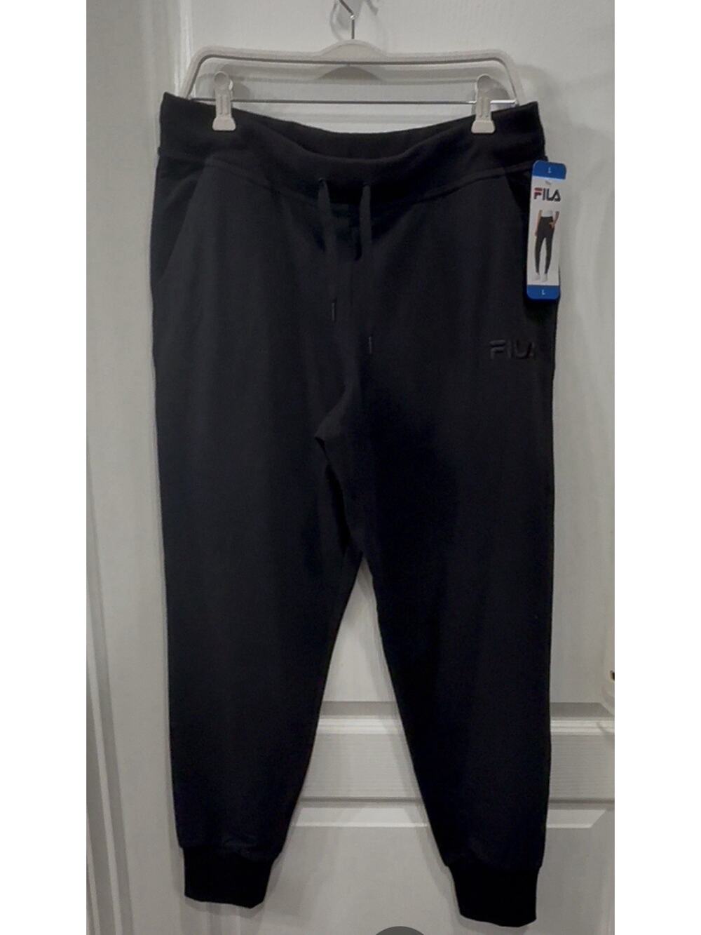 NWT Fila Women’s Large Black Jogger Sweatpants Cotton Drawstring Pockets Cozy